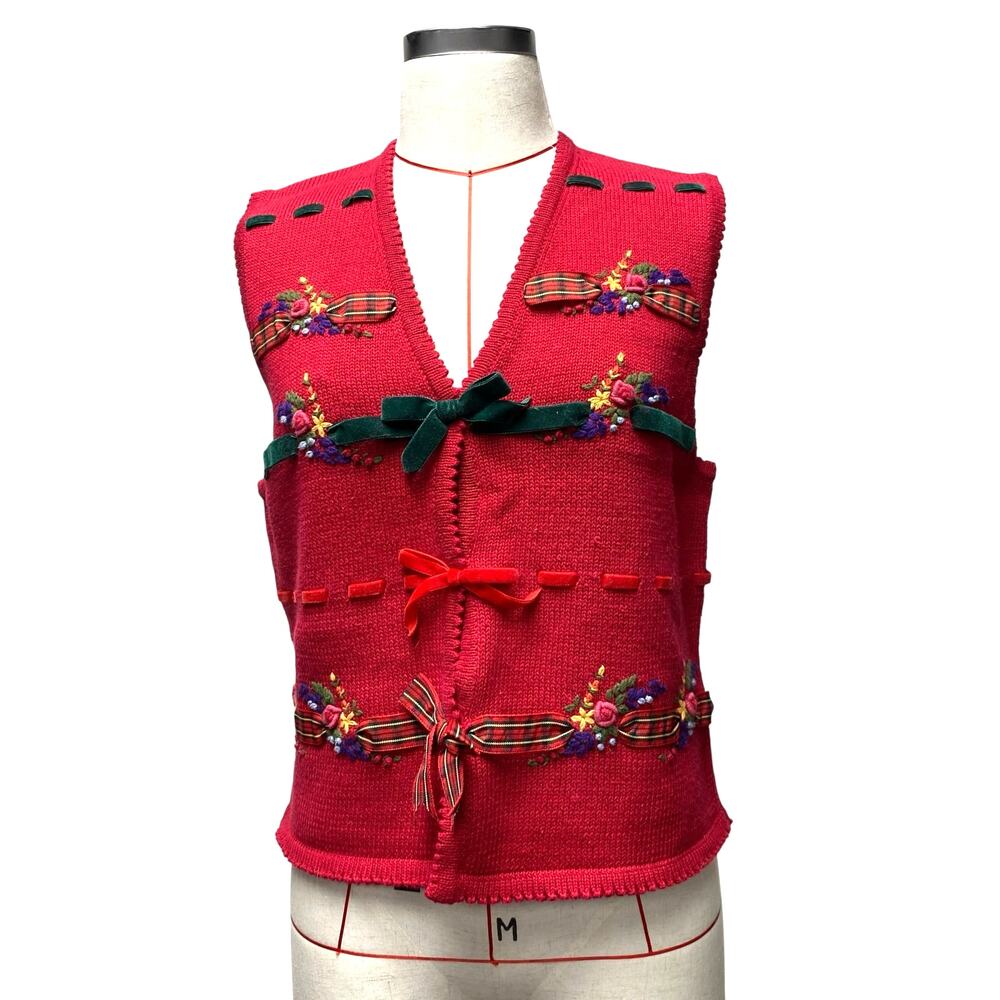 Vintage Susan Bristol Womens Size M Floral Embroidered Bow Knit Vest